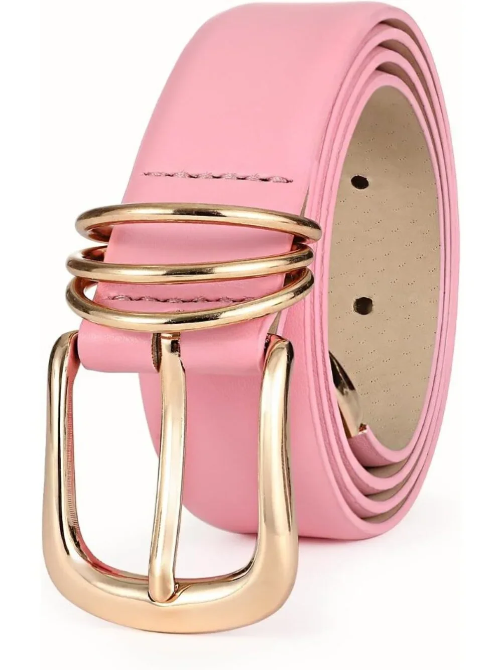 Women Pink Leather Waist Dress Belt For Pants Jeans Fashion With Gold Buckle